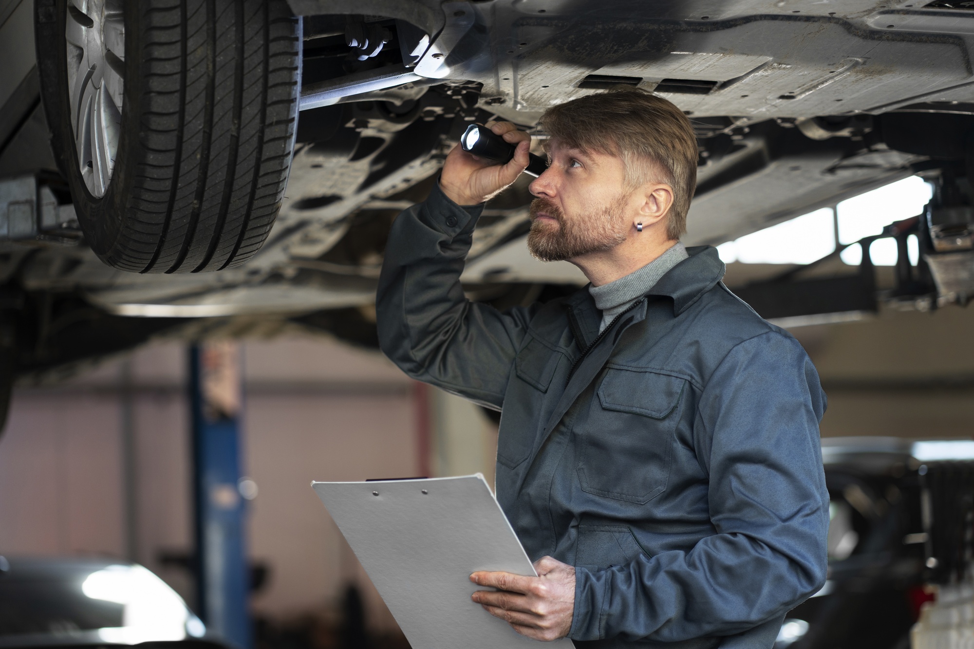 The man is carefully inspecting the car parts vehicle's underside, focusing on components like the exhaust system, suspension, and brake lines to identify the source of unusual noises.